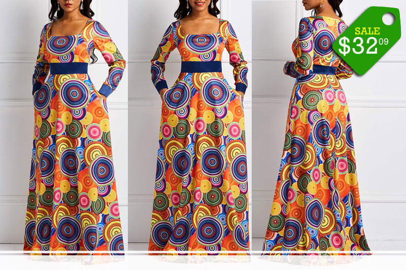 Print-Pullover-Long-Sleeve-A-Line-Geometric-Dress
